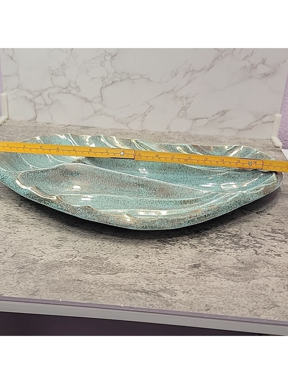 Mid Century Modern California Pottery Turquoise & Gold Leaf Divided Relish Tray - Picture 10 of 11